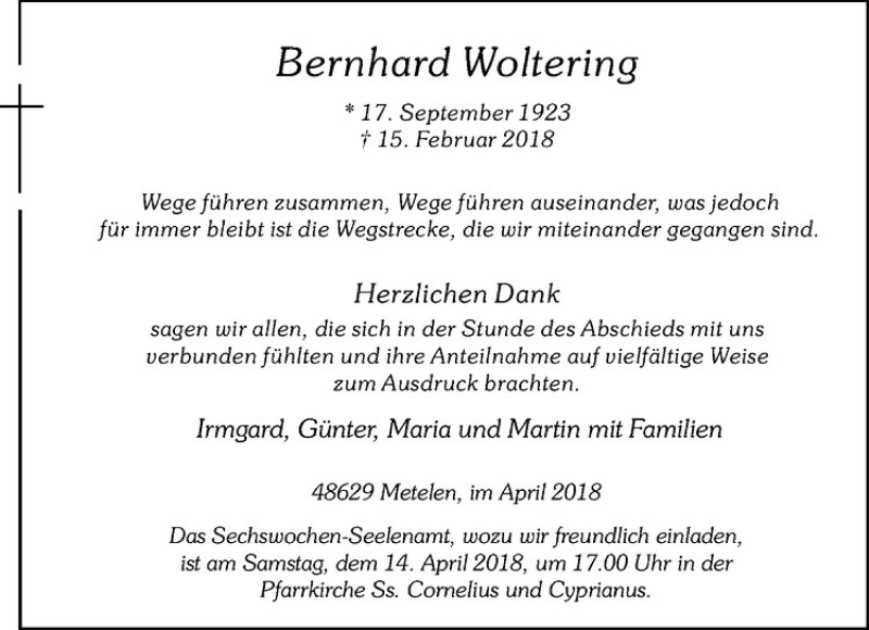  Traueranzeige für Bernhard Woltering vom 12.04.2018 aus Westfälische Nachrichten