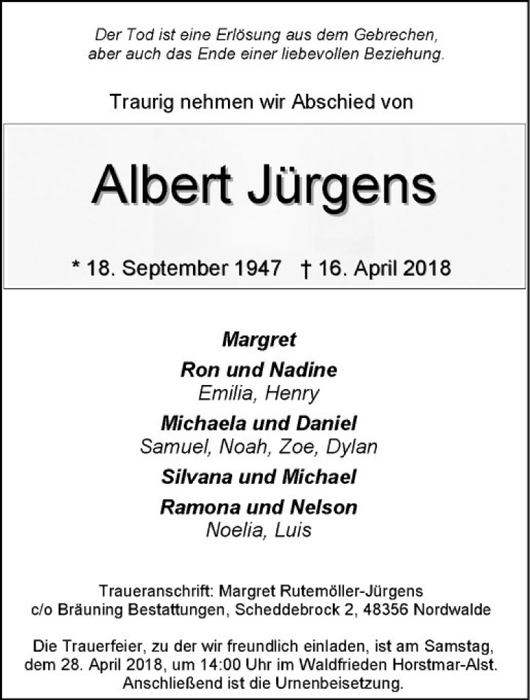  Traueranzeige für Albert Jürgens vom 23.04.2018 aus Westfälische Nachrichten