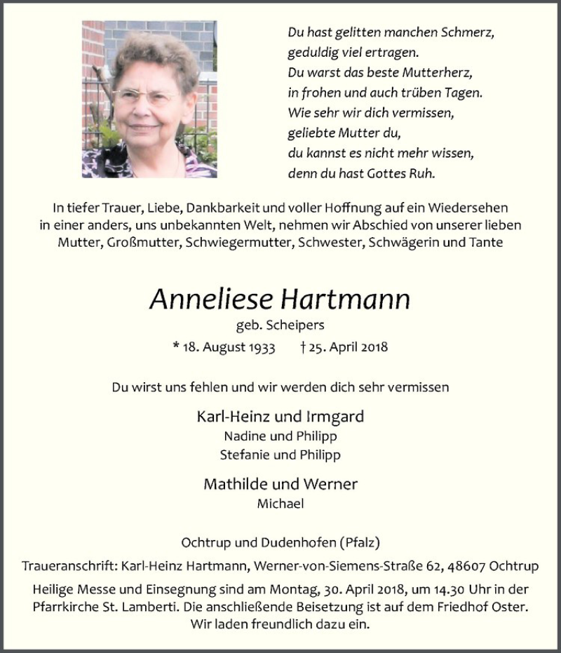  Traueranzeige für Anneliese Hartmann vom 27.04.2018 aus Westfälische Nachrichten