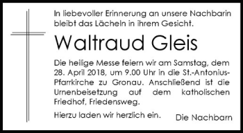 Anzeige von Waltraud Gleis von Westfälische Nachrichten