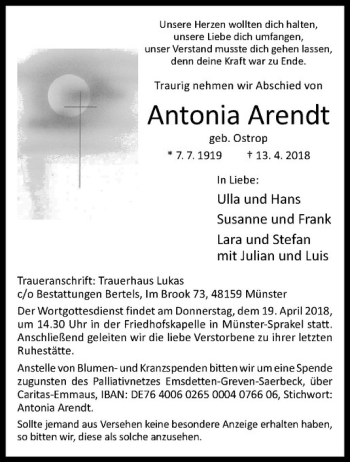 Anzeige von Antonia Arendt von Westfälische Nachrichten