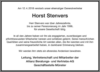 Anzeige von Horst Stenvers von Westfälische Nachrichten
