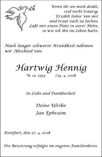 Anzeige von Hartwig Hennig von Westfälische Nachrichten