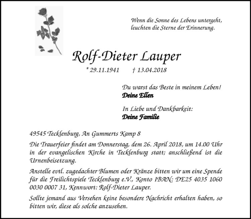  Traueranzeige für Rolf-Dieter Lauper vom 21.04.2018 aus Westfälische Nachrichten