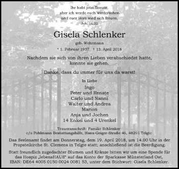 Anzeige von Gisela Schlenker von Westfälische Nachrichten