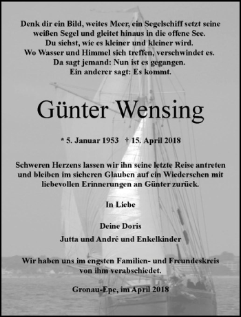 Anzeige von Günter Wensing von Westfälische Nachrichten