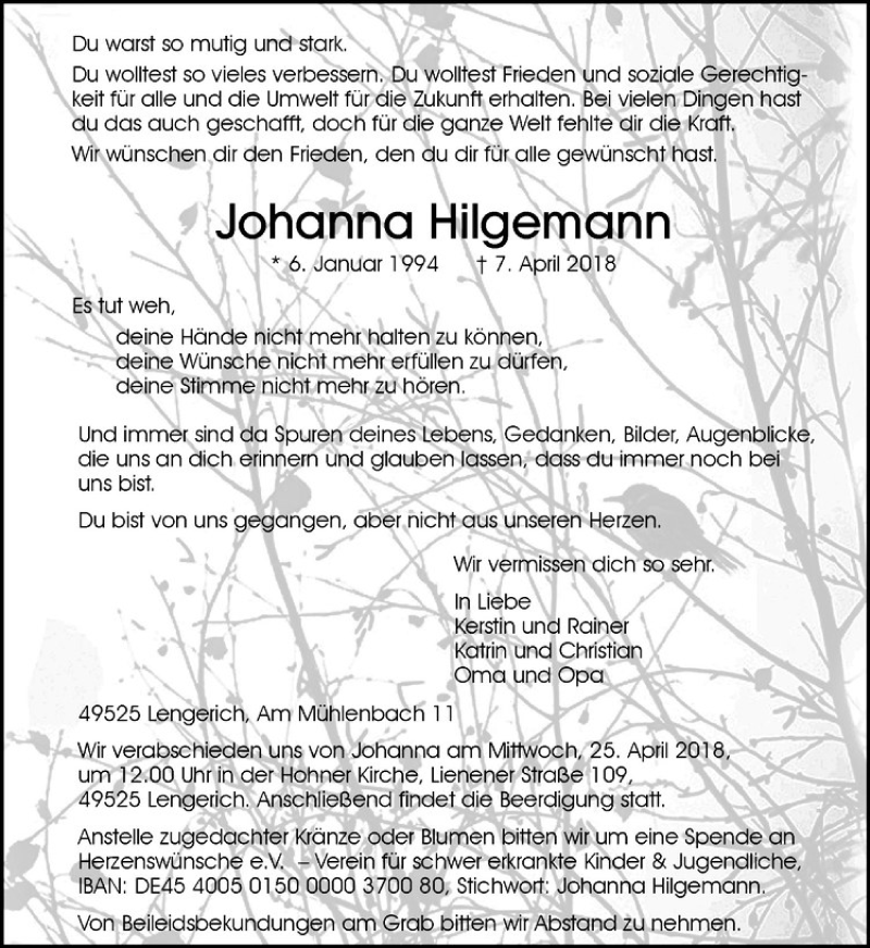  Traueranzeige für Johanna Hilgemann vom 21.04.2018 aus Westfälische Nachrichten
