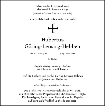 Anzeige von Hubertus Göring-Lensing-Hebben von Westfälische Nachrichten