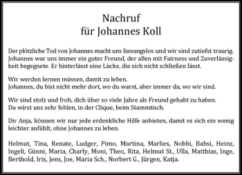 Anzeige von Johannes Koll von Westfälische Nachrichten