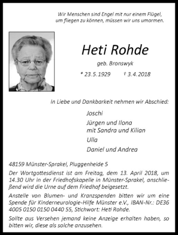 Anzeige von Heti Rohde von Westfälische Nachrichten
