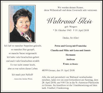 Anzeige von Waltraud Gleis von Westfälische Nachrichten
