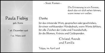 Anzeige von Paula Fiebig von Westfälische Nachrichten