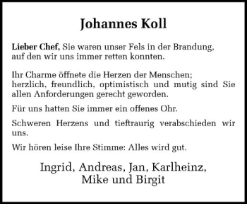 Anzeige von Johannes Koll von Westfälische Nachrichten