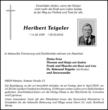 Anzeige von Heribert Teigeler von Westfälische Nachrichten
