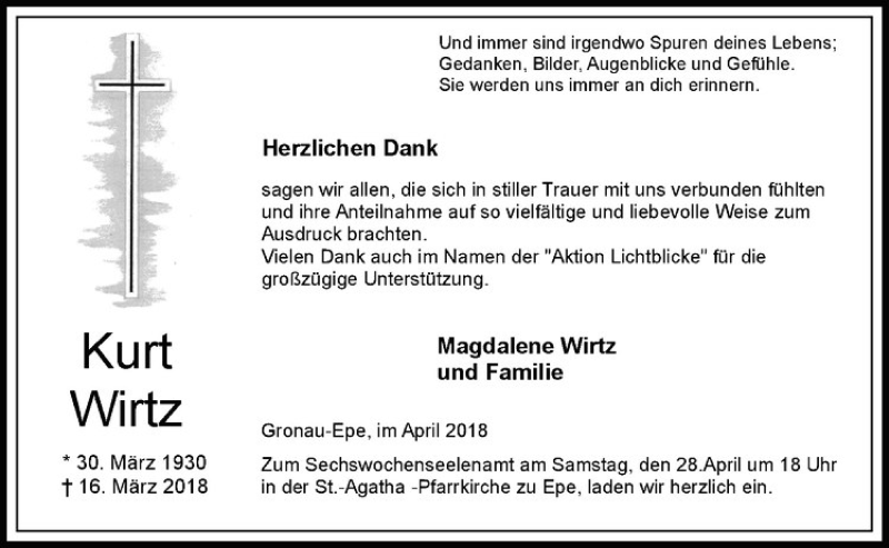  Traueranzeige für Kurt Wirtz vom 25.04.2018 aus Westfälische Nachrichten
