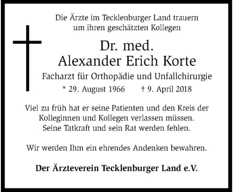  Traueranzeige für Alexander Erich Theodor Korte vom 14.04.2018 aus Westfälische Nachrichten