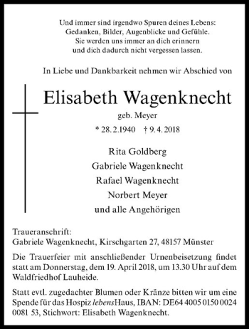 Anzeige von Elisabeth Wagenknecht von Westfälische Nachrichten
