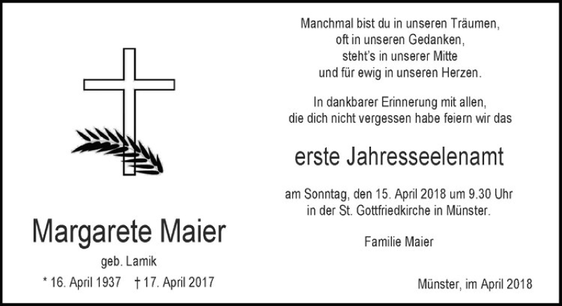  Traueranzeige für Margarete Maier vom 07.04.2018 aus Westfälische Nachrichten