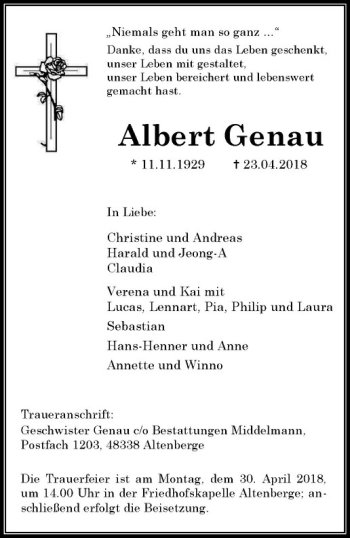 Anzeige von Albert Genau von Westfälische Nachrichten