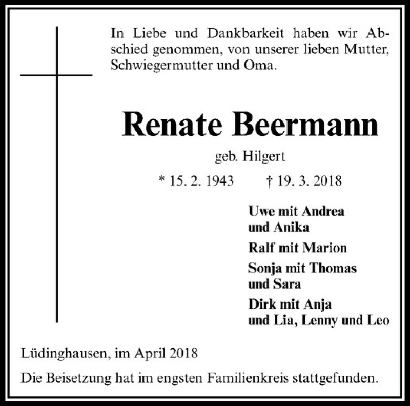  Traueranzeige für Renate Beermann vom 14.04.2018 aus Westfälische Nachrichten