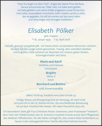 Anzeige von Elisabeth Pölker von Westfälische Nachrichten