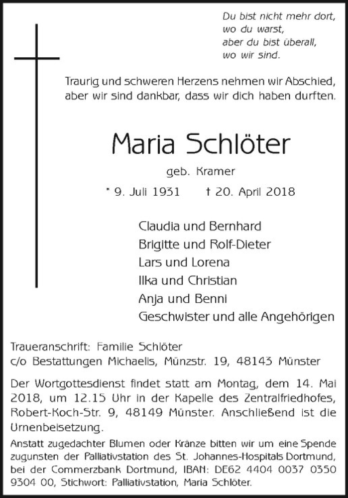  Traueranzeige für Maria Schlöter vom 28.04.2018 aus Westfälische Nachrichten