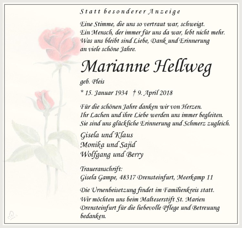  Traueranzeige für Marianne Hellweg vom 14.04.2018 aus Westfälische Nachrichten