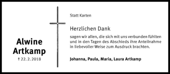 Anzeige von Alwine Artkamp von Westfälische Nachrichten