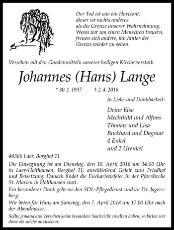 Anzeige von Johannes Lange von Westfälische Nachrichten