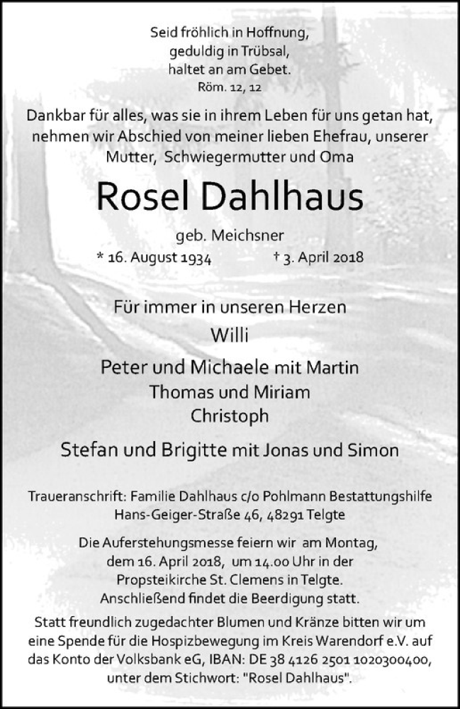  Traueranzeige für Rosel Dahlhaus vom 14.04.2018 aus Westfälische Nachrichten