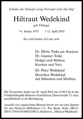 Anzeige von Hiltraut Wedekind von Westfälische Nachrichten