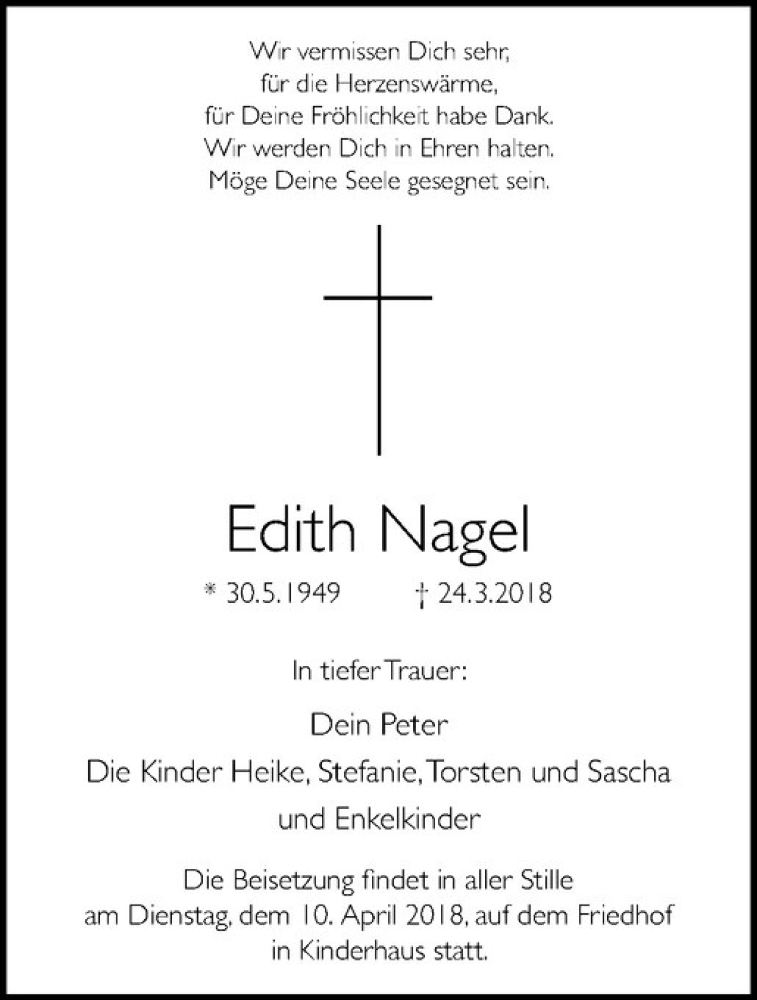  Traueranzeige für Edith Nagel vom 07.04.2018 aus Westfälische Nachrichten