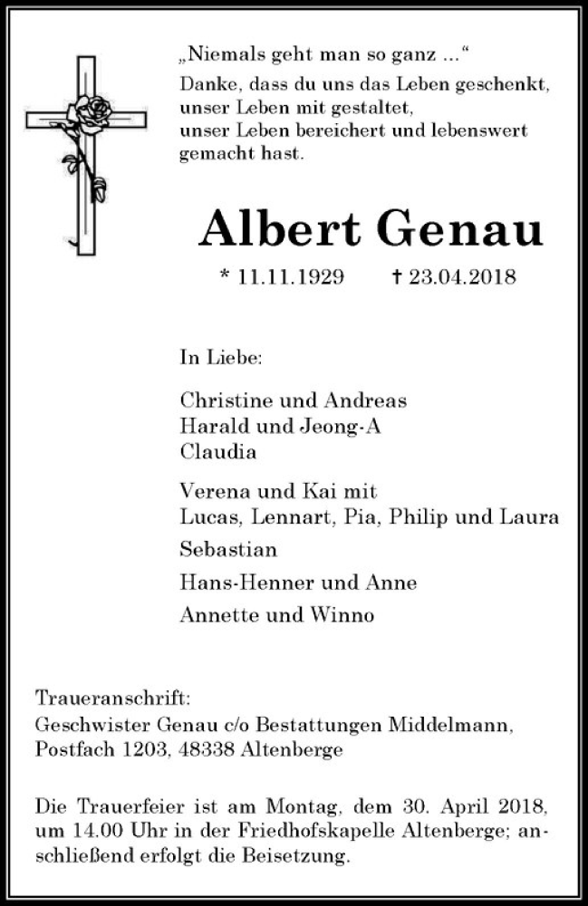  Traueranzeige für Albert Genau vom 27.04.2018 aus Westfälische Nachrichten