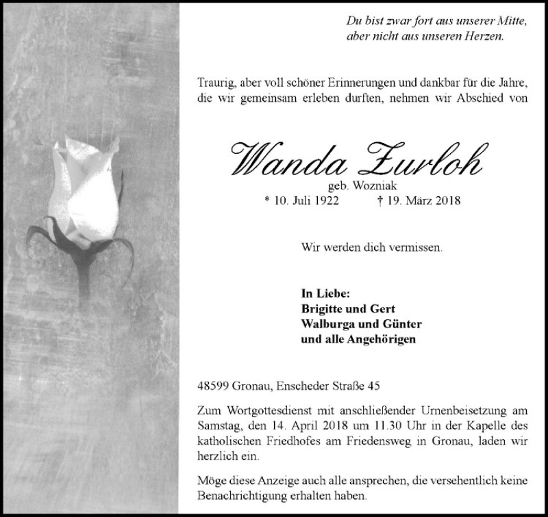 Traueranzeige für Wanda Zurloh vom 11.04.2018 aus Westfälische Nachrichten
