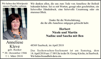 Anzeige von Anneliese Kleve von Westfälische Nachrichten