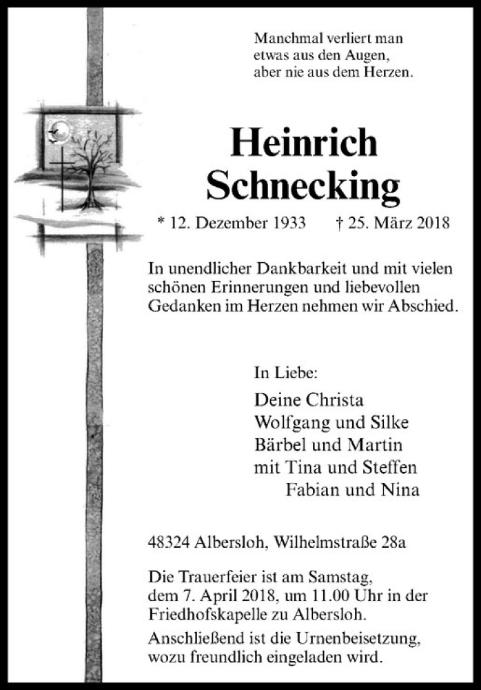  Traueranzeige für Heinrich Schnecking vom 03.04.2018 aus Westfälische Nachrichten