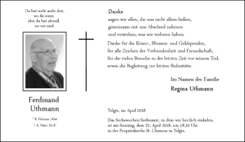 Anzeige von Ferdinand Uthmann von Westfälische Nachrichten
