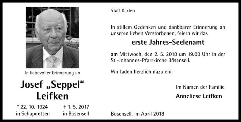  Traueranzeige für Josef Leifken vom 28.04.2018 aus Westfälische Nachrichten
