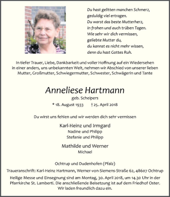 Anzeige von Anneliese Hartmann von Westfälische Nachrichten