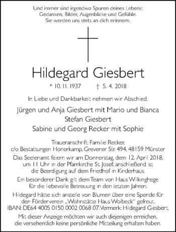 Anzeige von Hildegard Giesbert von Westfälische Nachrichten