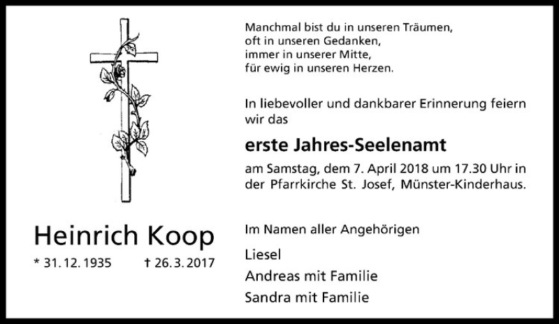  Traueranzeige für Heinrich Koop vom 04.04.2018 aus Westfälische Nachrichten
