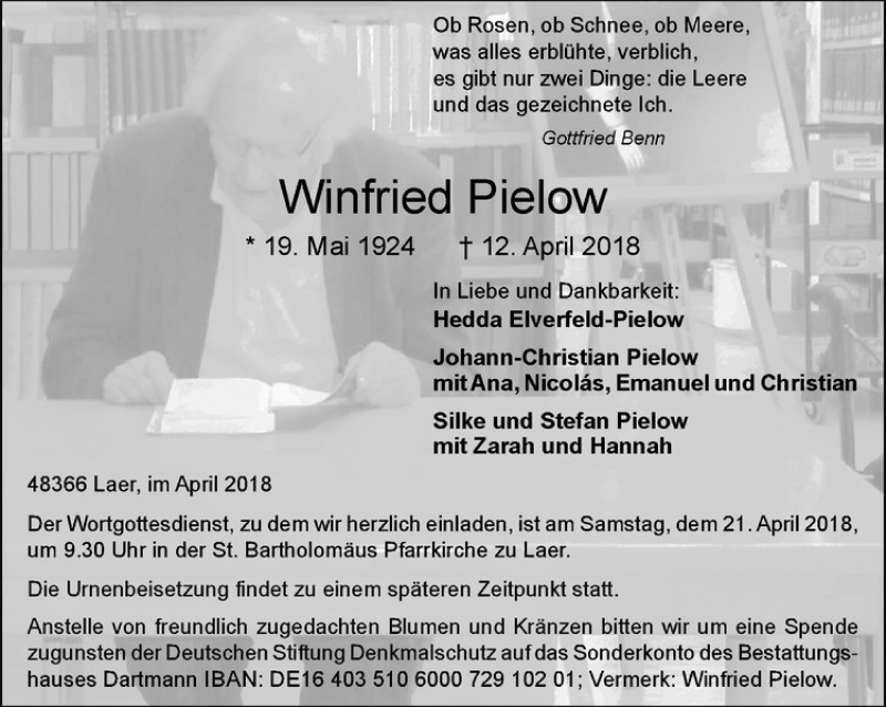  Traueranzeige für Winfried Pielow vom 18.04.2018 aus Westfälische Nachrichten