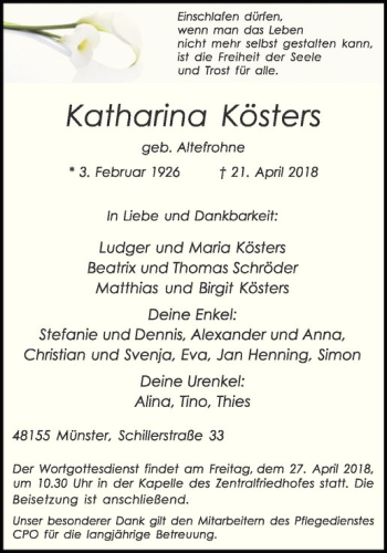 Anzeige von Katharina Kösters von Westfälische Nachrichten