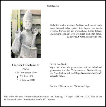 Anzeige von Günter Hillebrandt von Westfälische Nachrichten