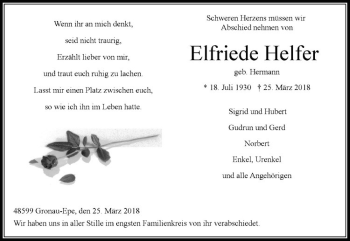 Anzeige von Elfriede Helfer von Westfälische Nachrichten