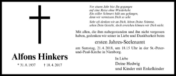 Anzeige von Alfons Hinkers von Westfälische Nachrichten