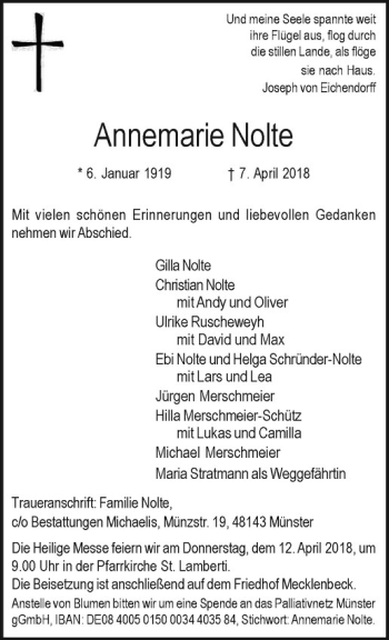 Anzeige von Annemarie Nolte von Westfälische Nachrichten