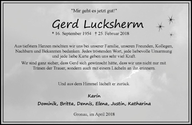  Traueranzeige für Gerd Lucksherm vom 07.04.2018 aus Westfälische Nachrichten