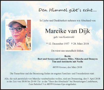 Anzeige von Mareike van Dijk von Westfälische Nachrichten