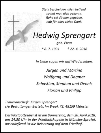 Anzeige von Hedwig Sprengart von Westfälische Nachrichten